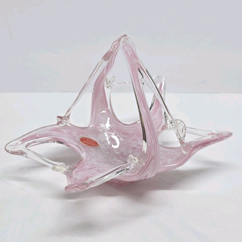 MURANO ART GLASS SPLASH PINK CANDY BASKET Made In Italy Vintage Avant Garde
